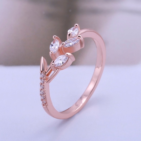New Rose Gold Plated Leaf Diamond Ring - Picture 4 of 6